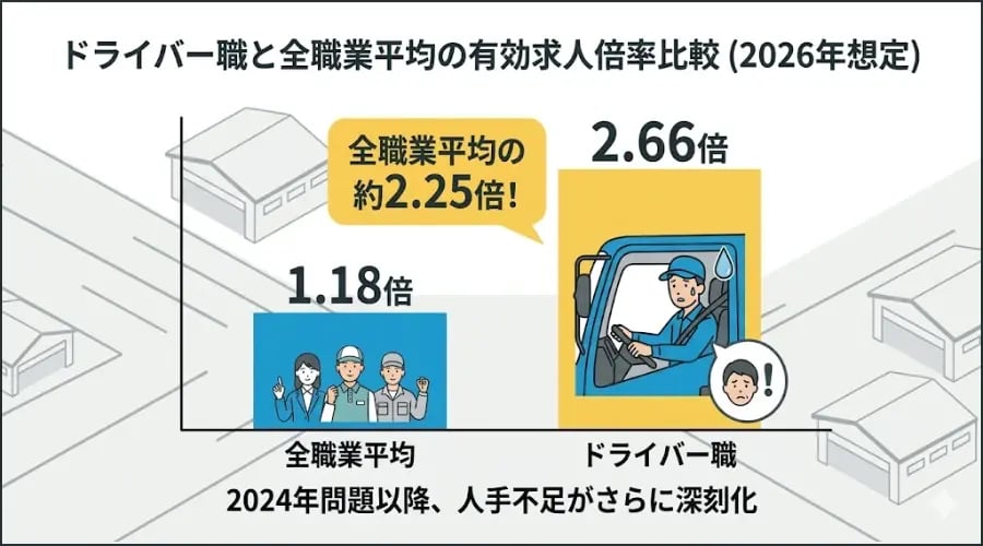 ドライバー職と前職業平均の有効求人倍率比較