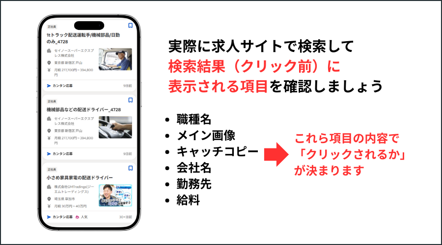 求人サイトで検索結果(クリック前)に表示される項目を確認する説明画像