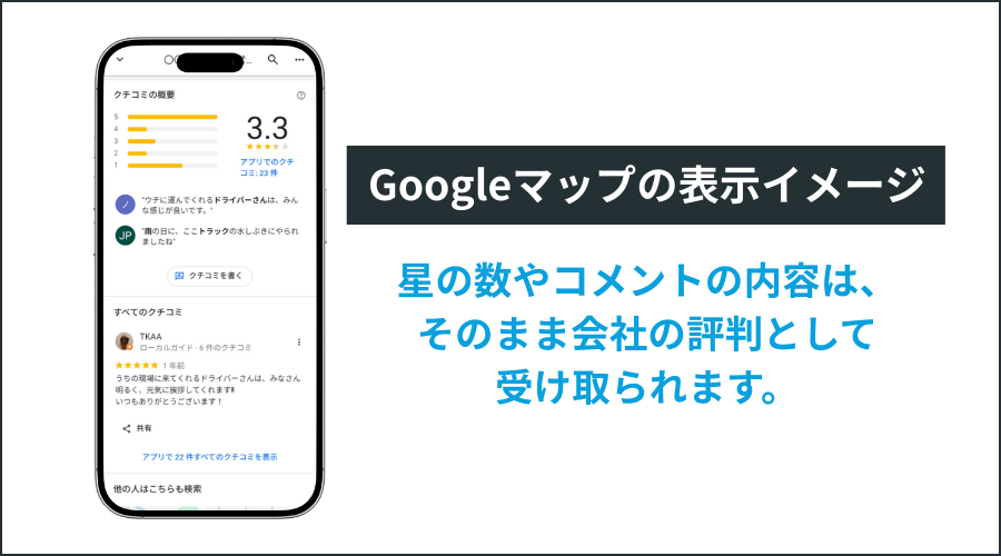 Googleマップ検索における運送会社の口コミとビジネスプロフィールの表示例